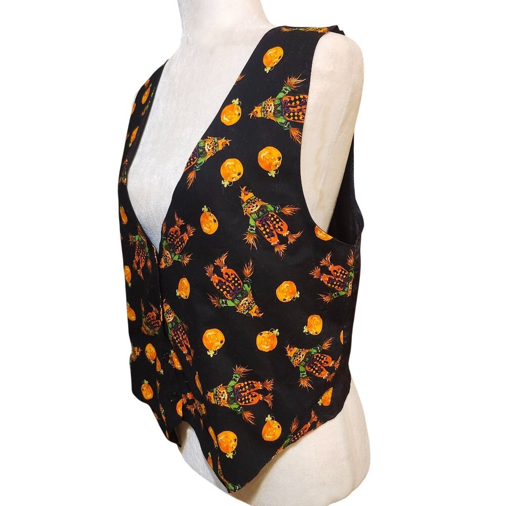 Vintage 90s Women's Medium Halloween Vest Black Pumpkin Scarecrow Print Fall - Picture 3 of 7